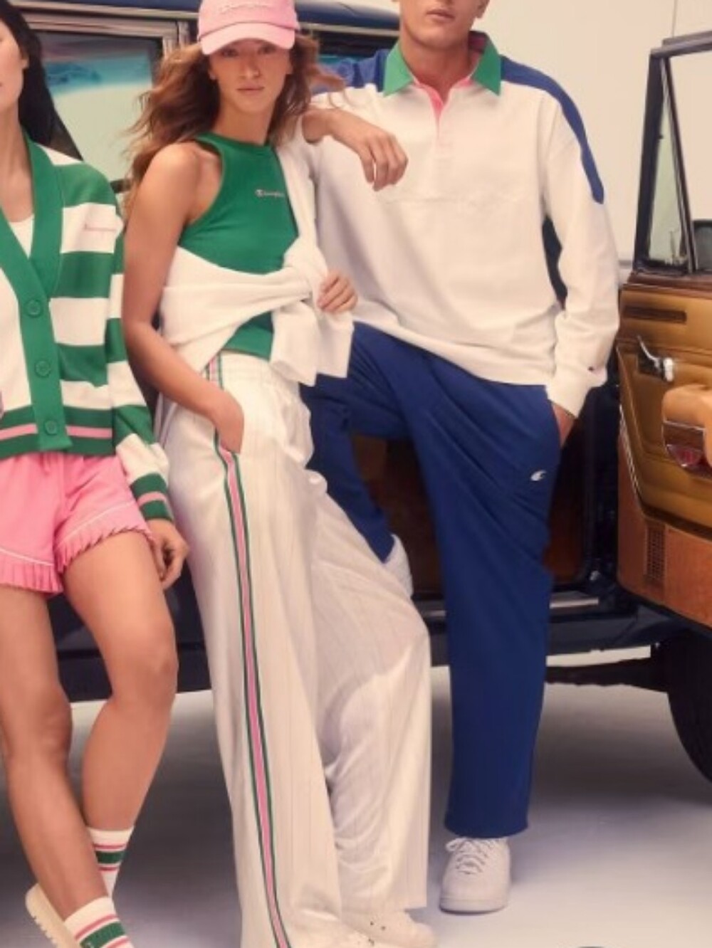 Champion White Wide-Leg Track Pants with Stripe AND matching Green tank top
